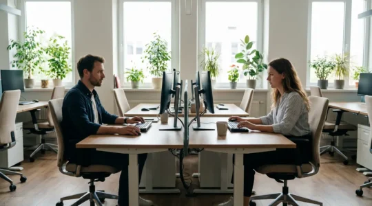 Open space avec mobilier de bureau sur mesure et collaborateurs concentrés
