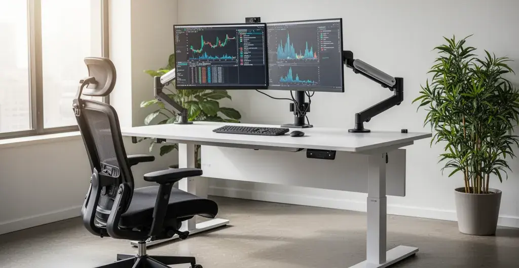 Poste de travail ergonomique avec bureau assis-debout et siège professionnel