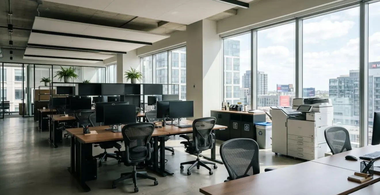 Espace de bureau contemporain épuré et lumineux avec une imprimante multifonction laser professionnelle visible en arrière-plan, aucune présence humaine au premier plan