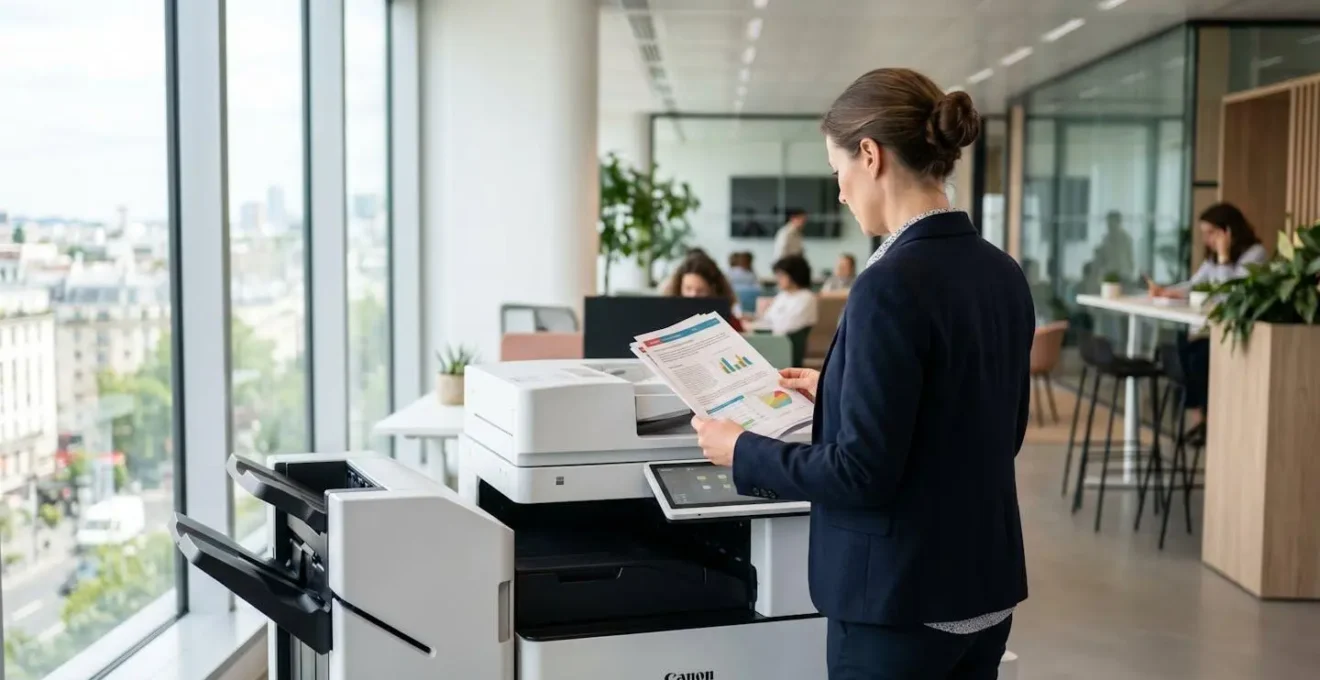 Un professionnel de dos consulte des documents sortant d'une imprimante multifonction moderne dans un bureau contemporain éclairé naturellement