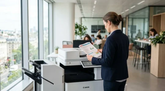 Un professionnel de dos consulte des documents sortant d'une imprimante multifonction moderne dans un bureau contemporain éclairé naturellement
